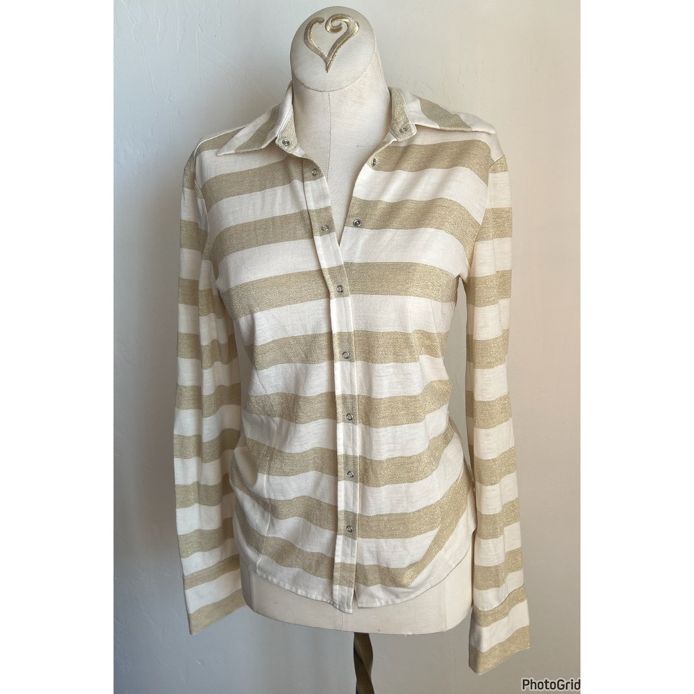 Stefanel Gold Glitter Stripe Snap Up Collared Top - Picture 1 of 3
